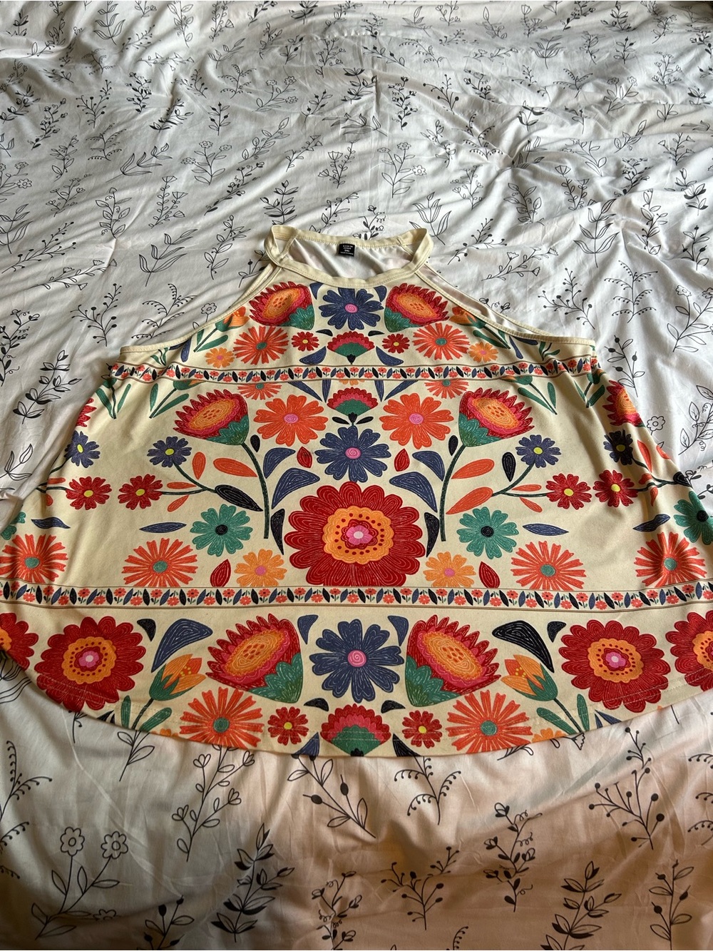 SHEIN Curve Cream Halter Tank with Red and Blue Floral Accents
